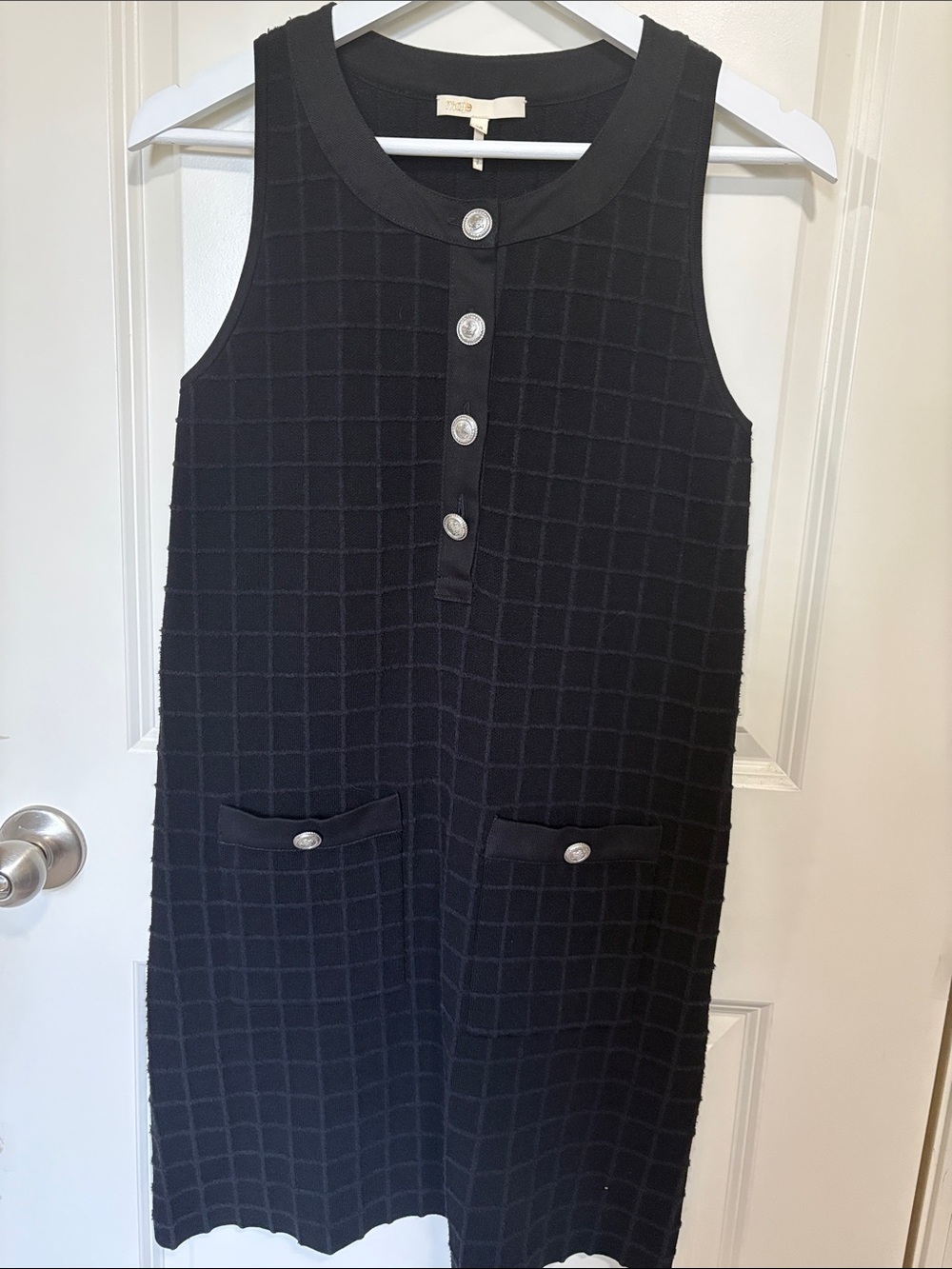 Maje Black Sleeveless Grid Shift Dress with Silver Buttons and Matching Jacket